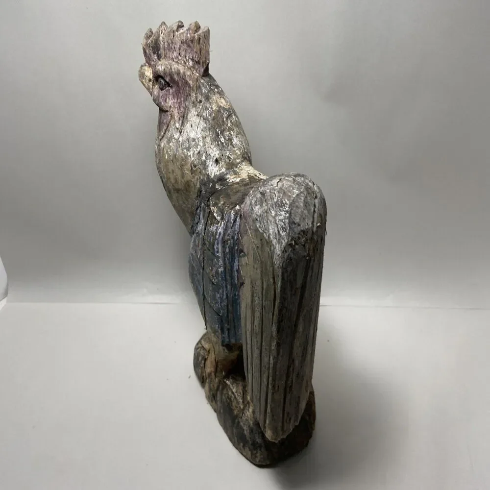 Vintage Hand Carved Wooden Rooster Figurine Rustic Farmhouse Decor 13” Tall